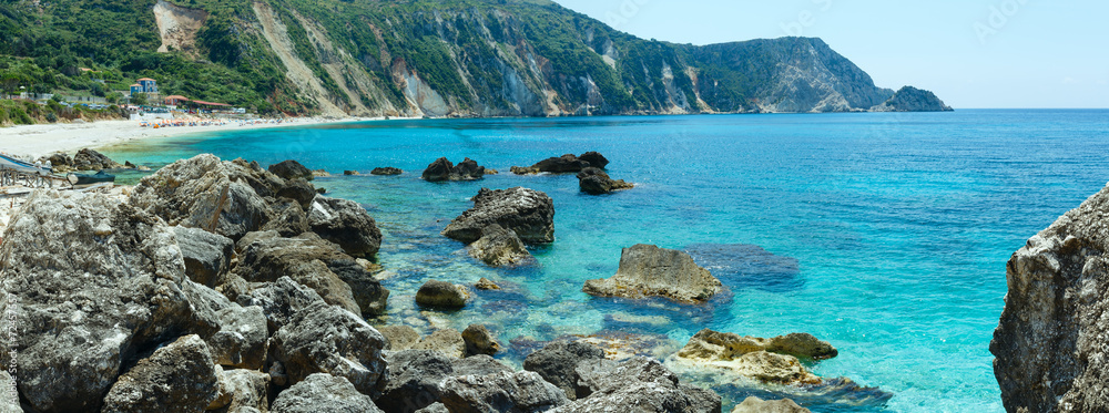 Petani Beach (Kefalonia, Greece) summer panorama. - obrazy, fototapety, plakaty 