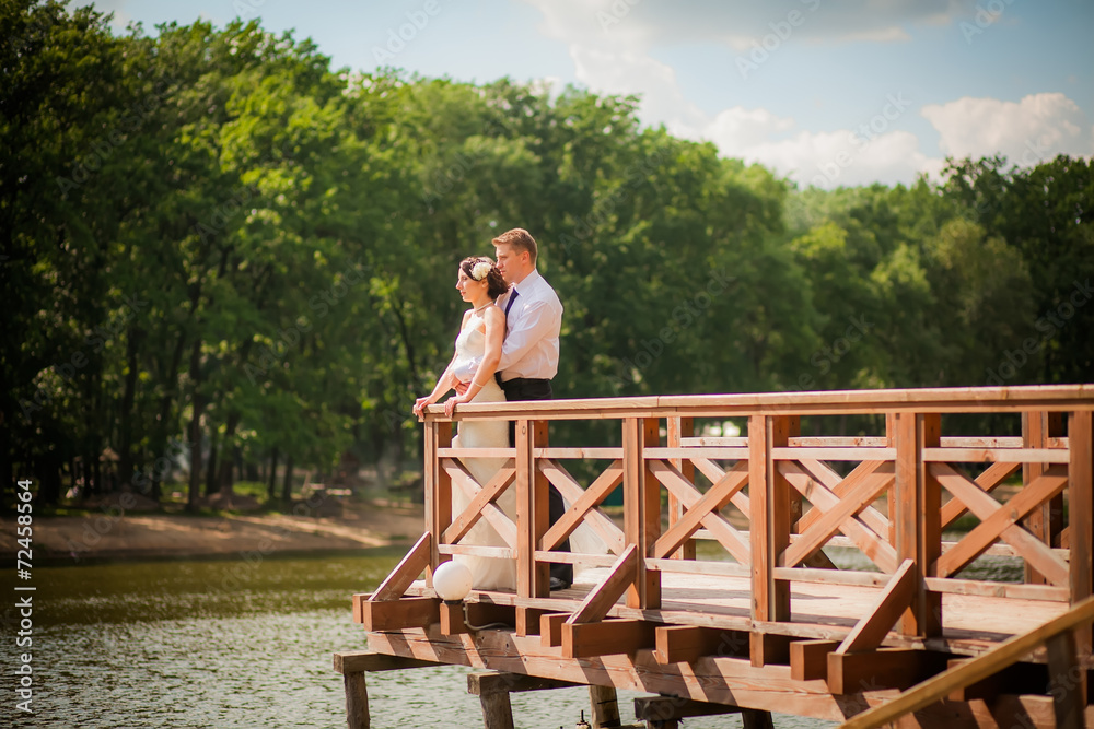 beautiful newlyweds in wedding day at the lake house