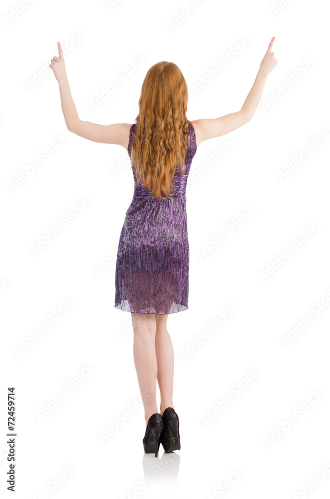 Woman pressing virtual button isolated on white Woman pressing virtual button isolated on white