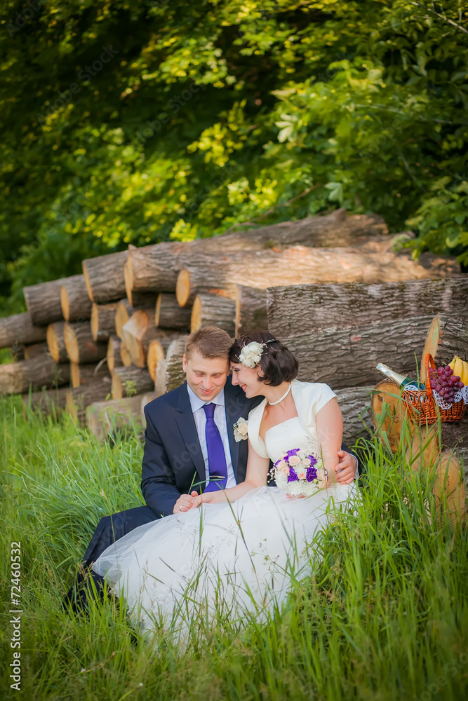 beautiful newlyweds in wedding day in the woods