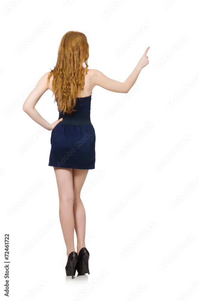 Woman pressing virtual button isolated on white Woman pressing virtual button isolated on white