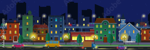 Wide screen cityscape in flat style at night time