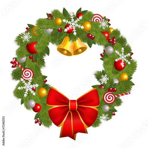 Christmas wreath with red bow  isolated on whitw