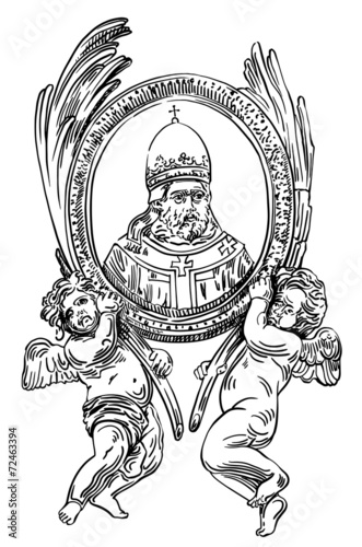drawing of frame with two angel and portrait priest