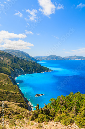 Blue sea and mountains on coast of Kefalonia island near Assos