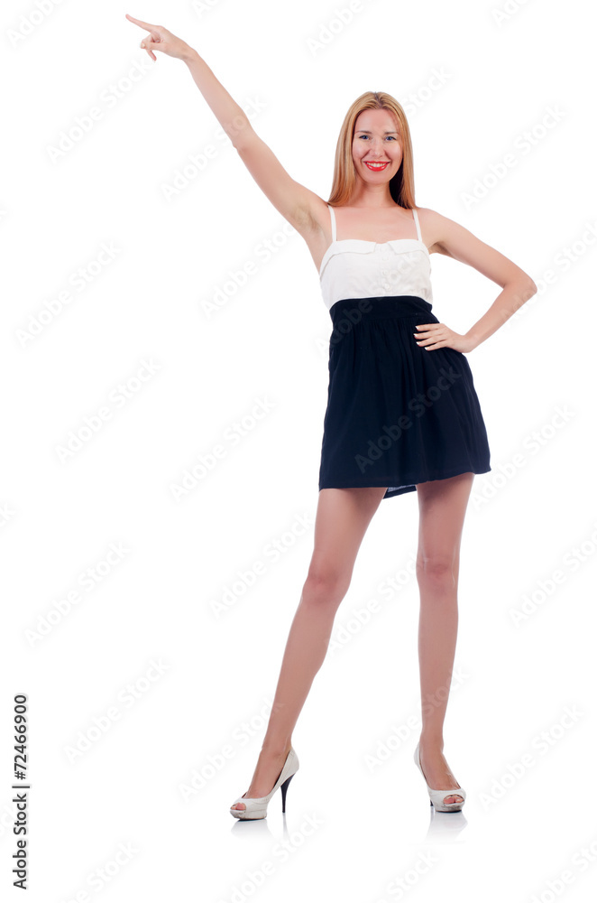 Woman pressing virtual button isolated on white Woman pressing virtual button isolated on white