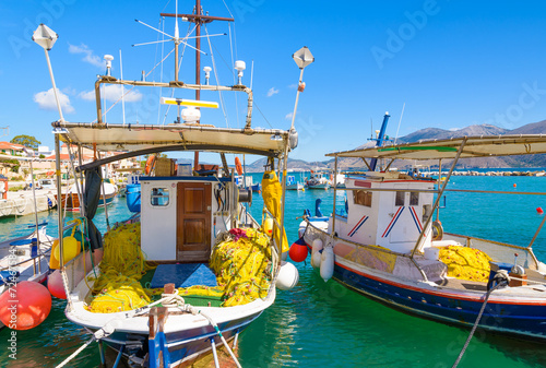 Greek fishing boats in port of Lixouri village, Kefalonia island