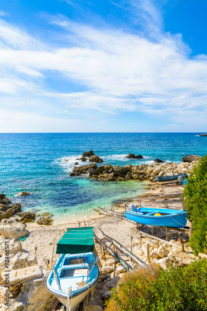 Fishing boats on Petani beach, Kefalonia island, Greece