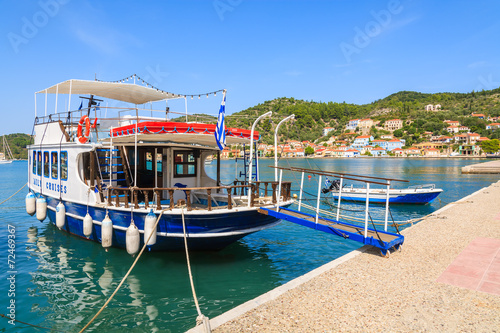Tourist boat in port of Vathi on Ithaka island, Greece
