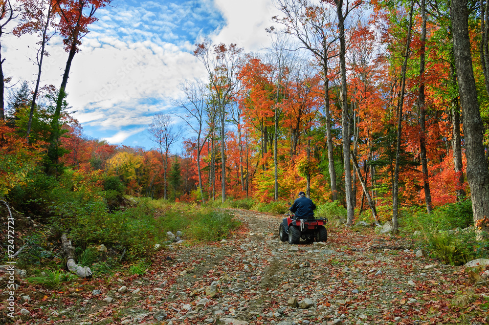 Naklejka premium senior man riding an ATV quad by an colourful autumnal day