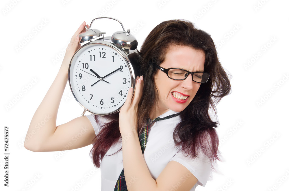Student missing her deadlines isolated on white Student missing her deadlines isolated on white