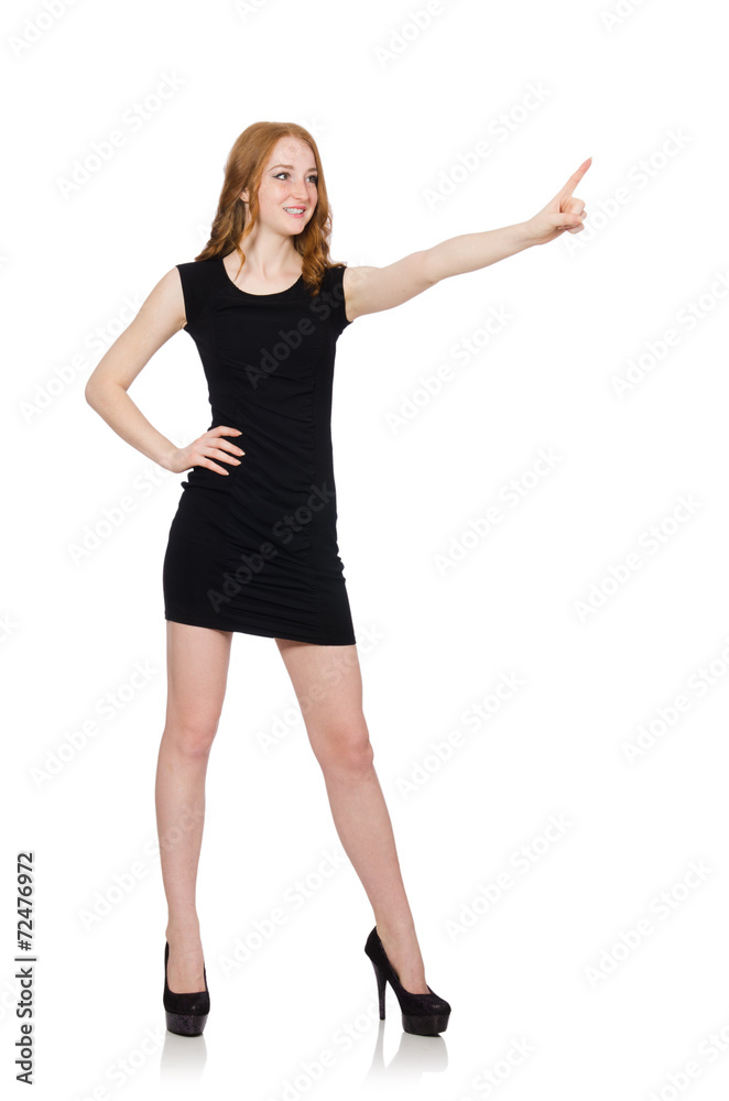 Woman pressing virtual button isolated on white Woman pressing virtual button isolated on white