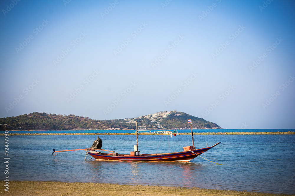 Boats on sand beach overlooking island