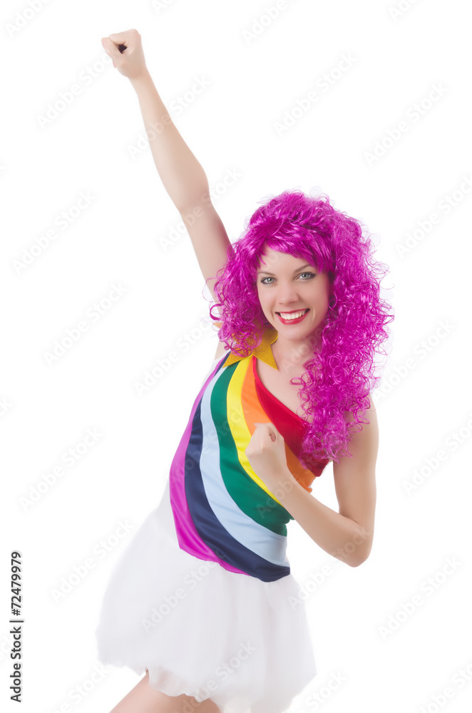 Woman with colourful wig isolated on white Woman with colourful wig isolated on white