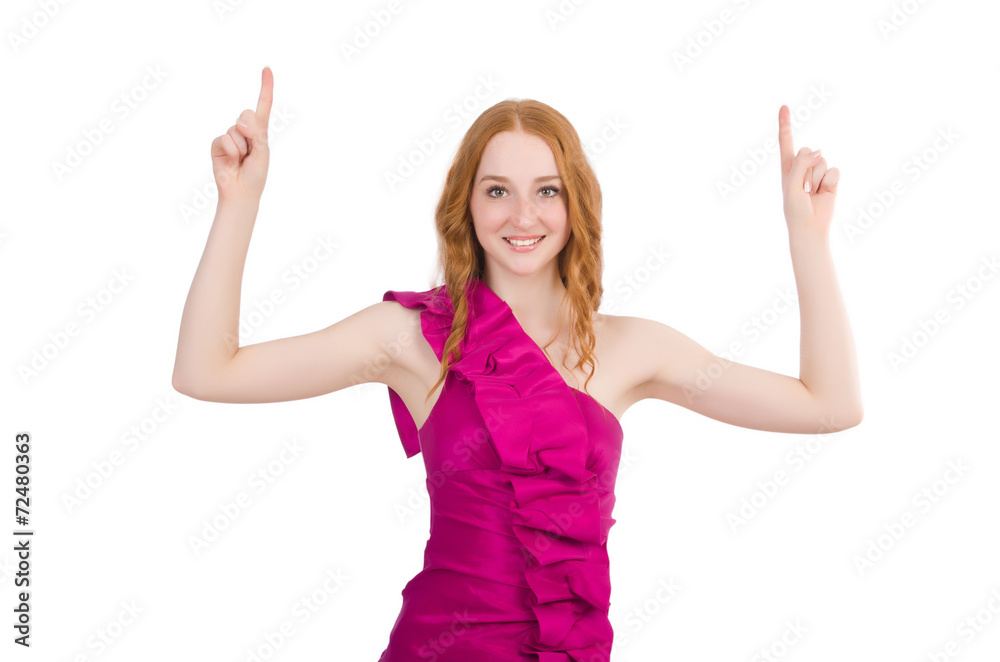 Woman pressing virtual button isolated on white Woman pressing virtual button isolated on white