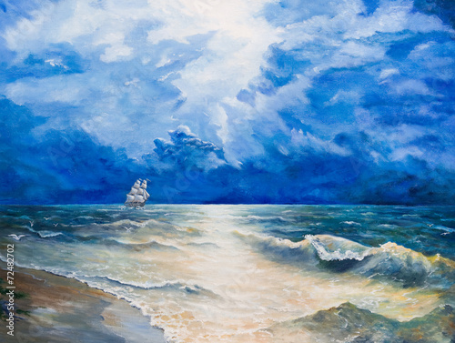 Oil painting on canvas. Drawing of boat is under sail