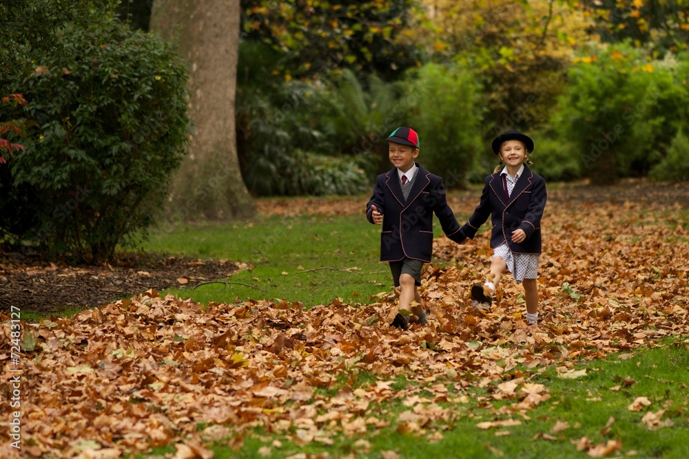 Brother and sister walking hand-in-hand through leaves Brother and sister walking hand-in-hand through leaves