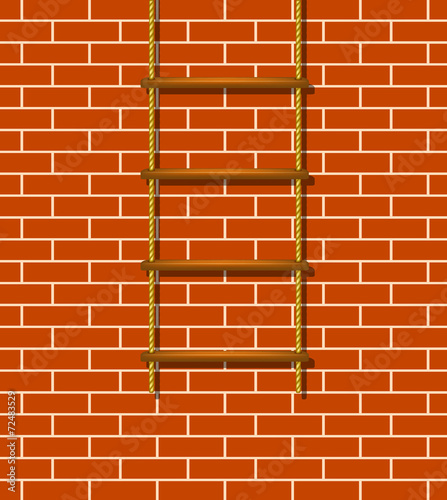 Wooden rope ladder and brick wall