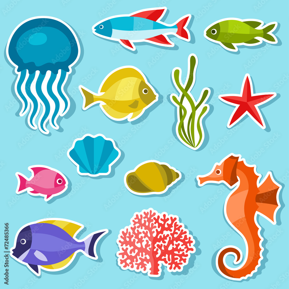 Marine life set of sticker, objects and sea animals. Marine life set of sticker, objects and sea animals.