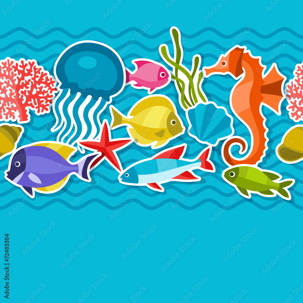 Obraz premium Marine life sticker seamless pattern with sea animals.