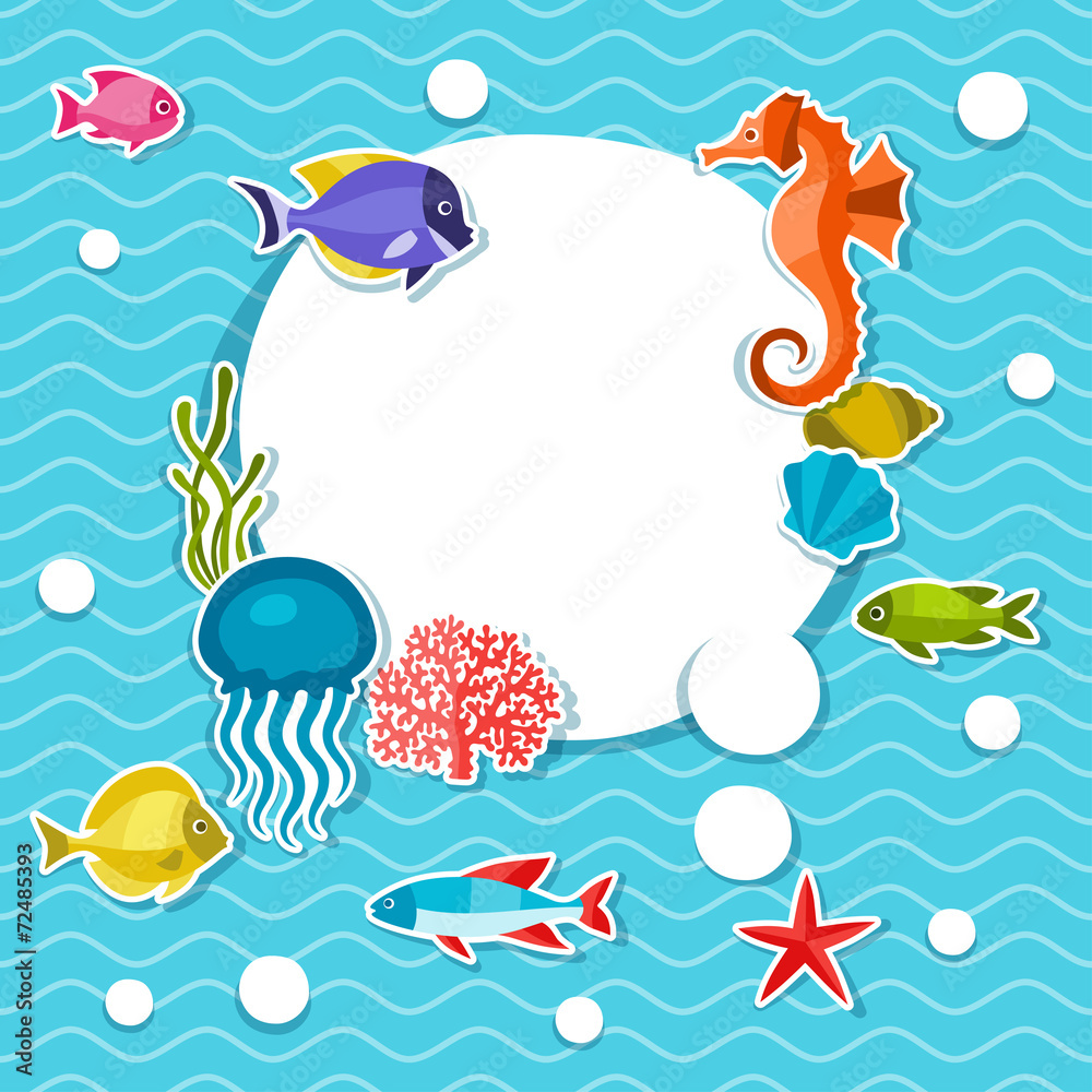 Marine life sticker background with sea animals.