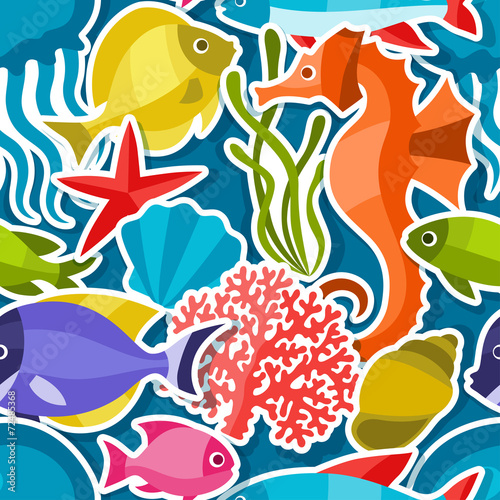 Fototapeta Naklejka Na Ścianę i Meble -  Marine life sticker seamless pattern with sea animals.