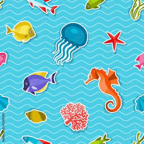 Marine life sticker seamless pattern with sea animals. © incomible