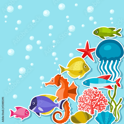 Marine life sticker background with sea animals.