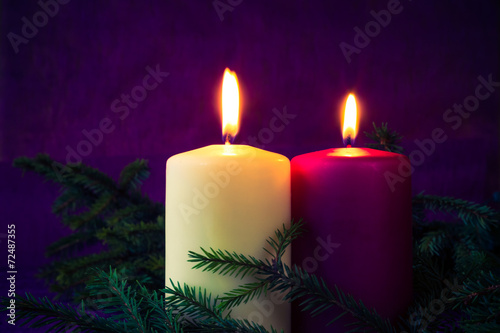 Christmas ornaments lighted candles spruce twigs