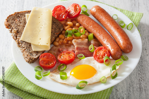 english breakfast with fried egg sausages bacon tomatoes beans