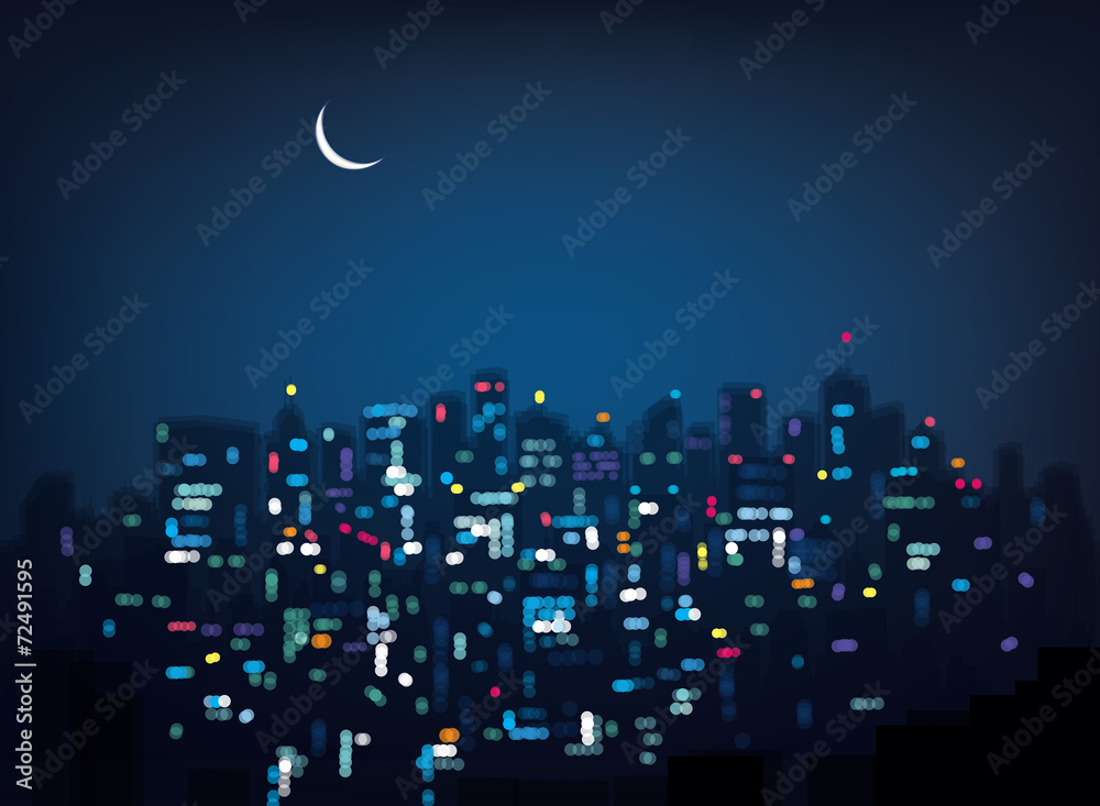 Vector bokeh night city background.