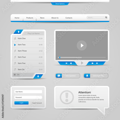 Web UI Controls Elements Gray And Blue On Light Background