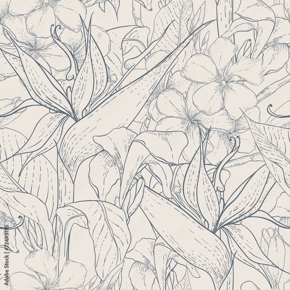 Monochrome seamless pattern with exotic flowers