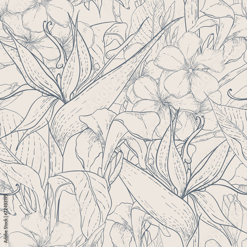 Monochrome seamless pattern with exotic flowers