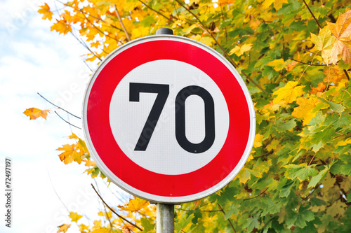 Speed limit road sign of 70 kilometres per hour