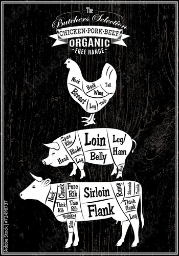 diagram cut carcasses of chicken, pig, cow