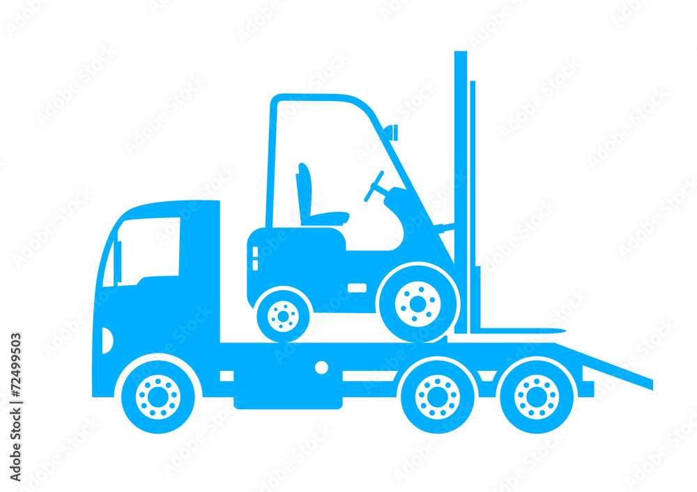 Blue tow truck and forklift on white background