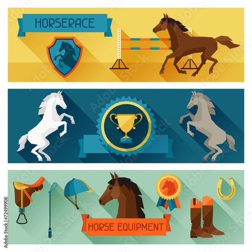 Horizontal banners with horse equipment in flat style.