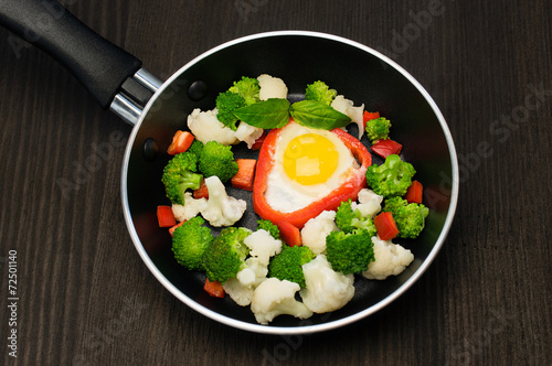 scrambled eggs with vegetables in a frying pan