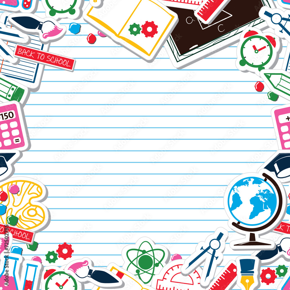 Vetor de Lined Paper Background - School theme. Colorful cartoon objects do  Stock | Adobe Stock