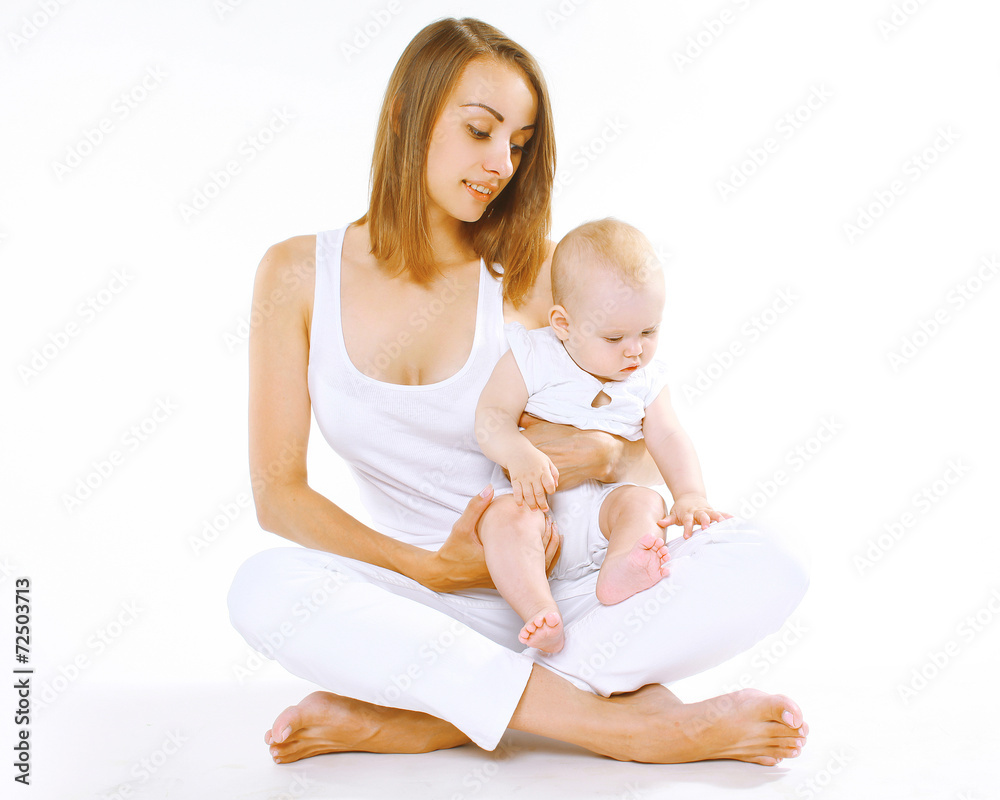 Mother with little baby on a white background