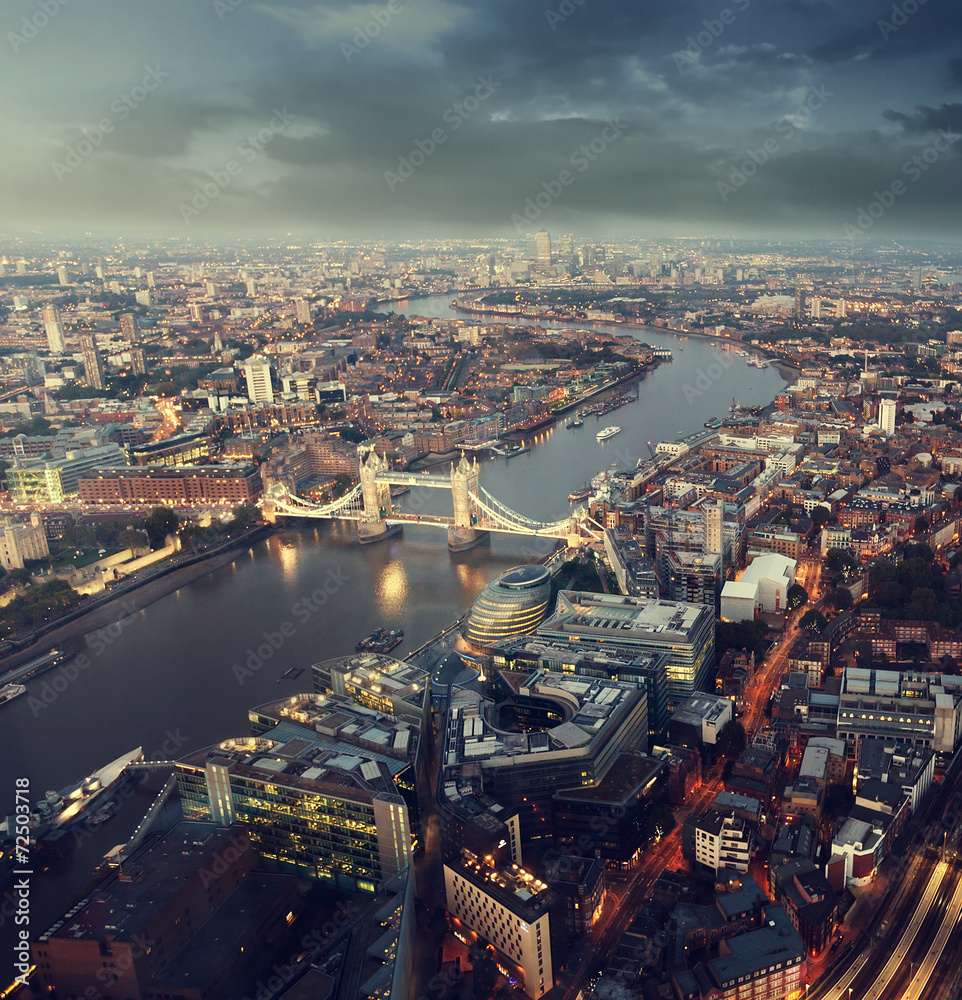 London aerial view with  Tower Bridge in sunset time