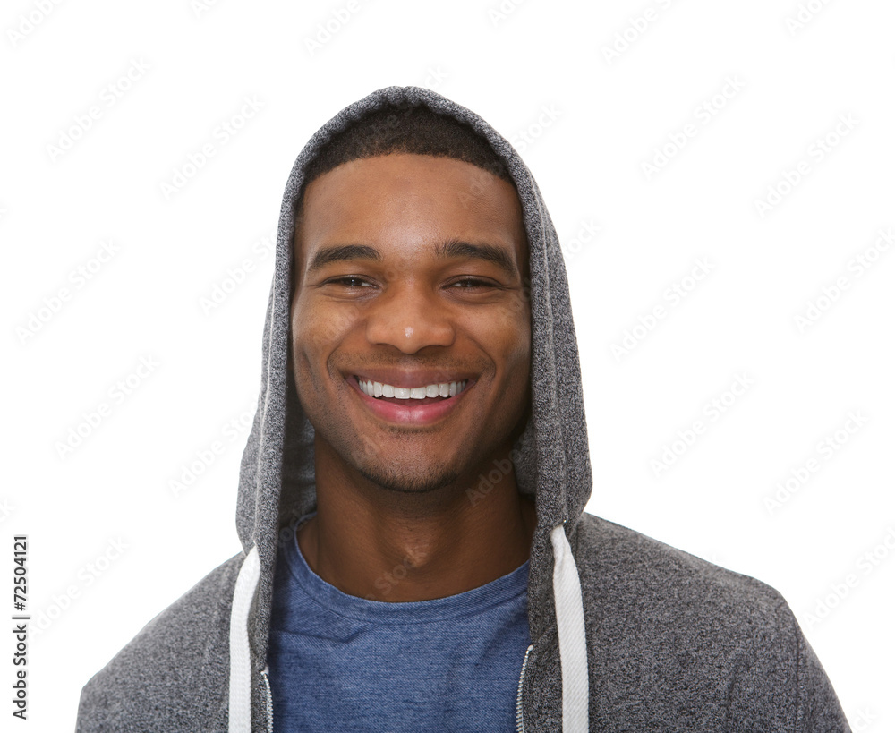 Close up portrait of a young man smiling with hooded sweatshirt Close up portrait of a young man smiling with hooded sweatshirt
