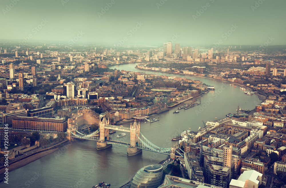 London aerial view with  Tower Bridge in sunset time