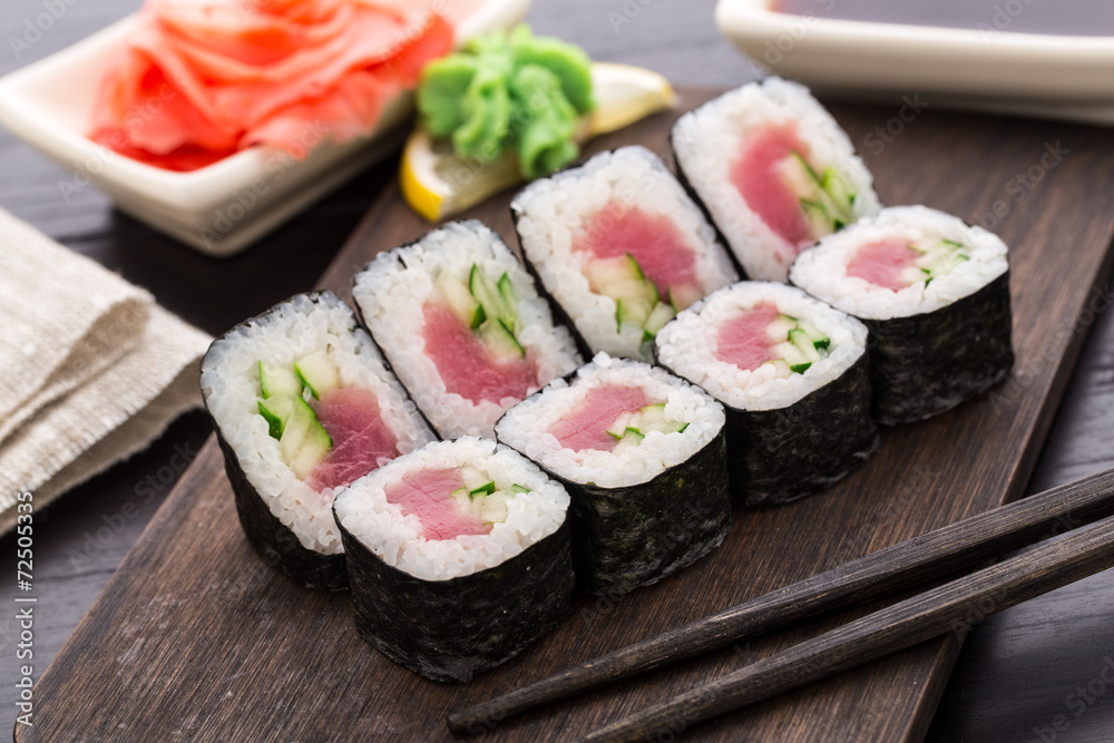Sushi rolls with tuna and cucumber Sushi rolls with tuna and cucumber