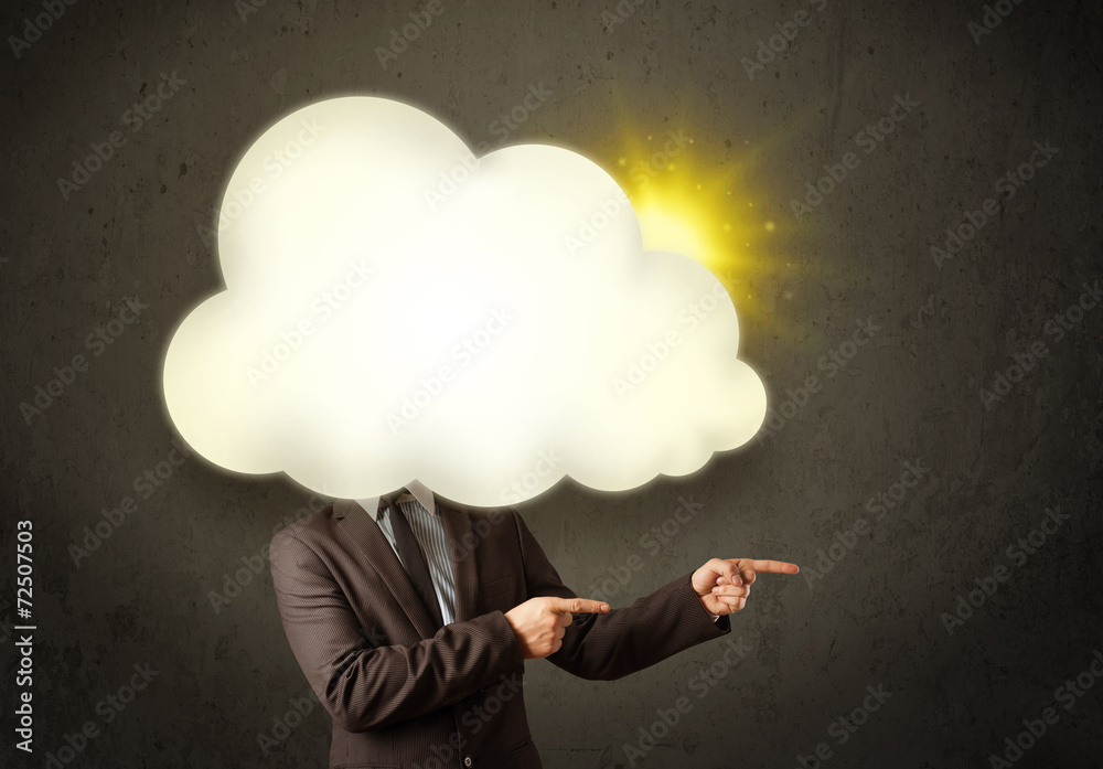 Young business man in shirt and tie with a sunny cloud head Young business man in shirt and tie with a sunny cloud head