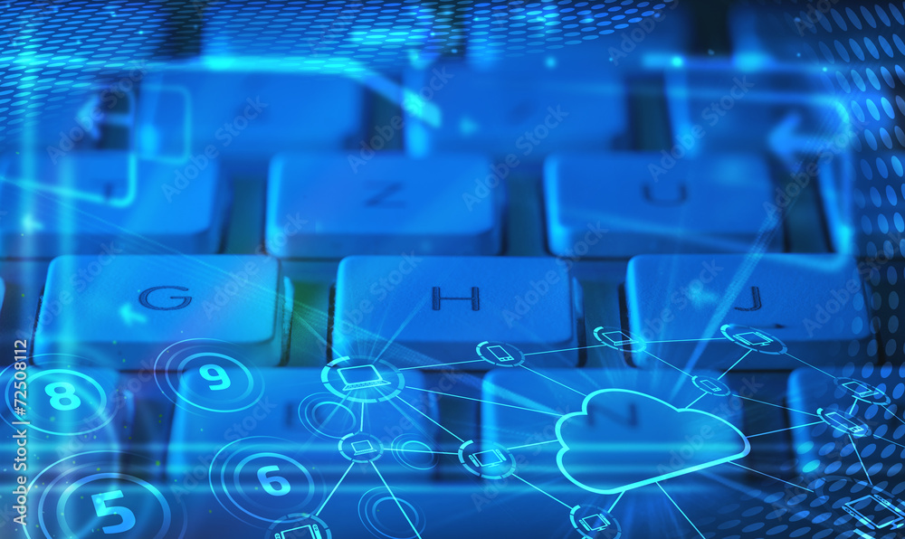 Keyboard with glowing cloud technology icons Keyboard with glowing cloud technology icons