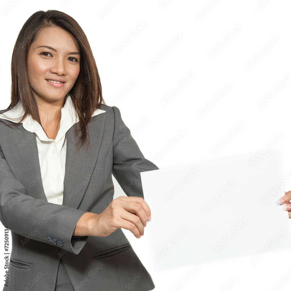 Young Asian business woman attractive brunetee showing blank sig Young Asian business woman attractive brunetee showing blank sig