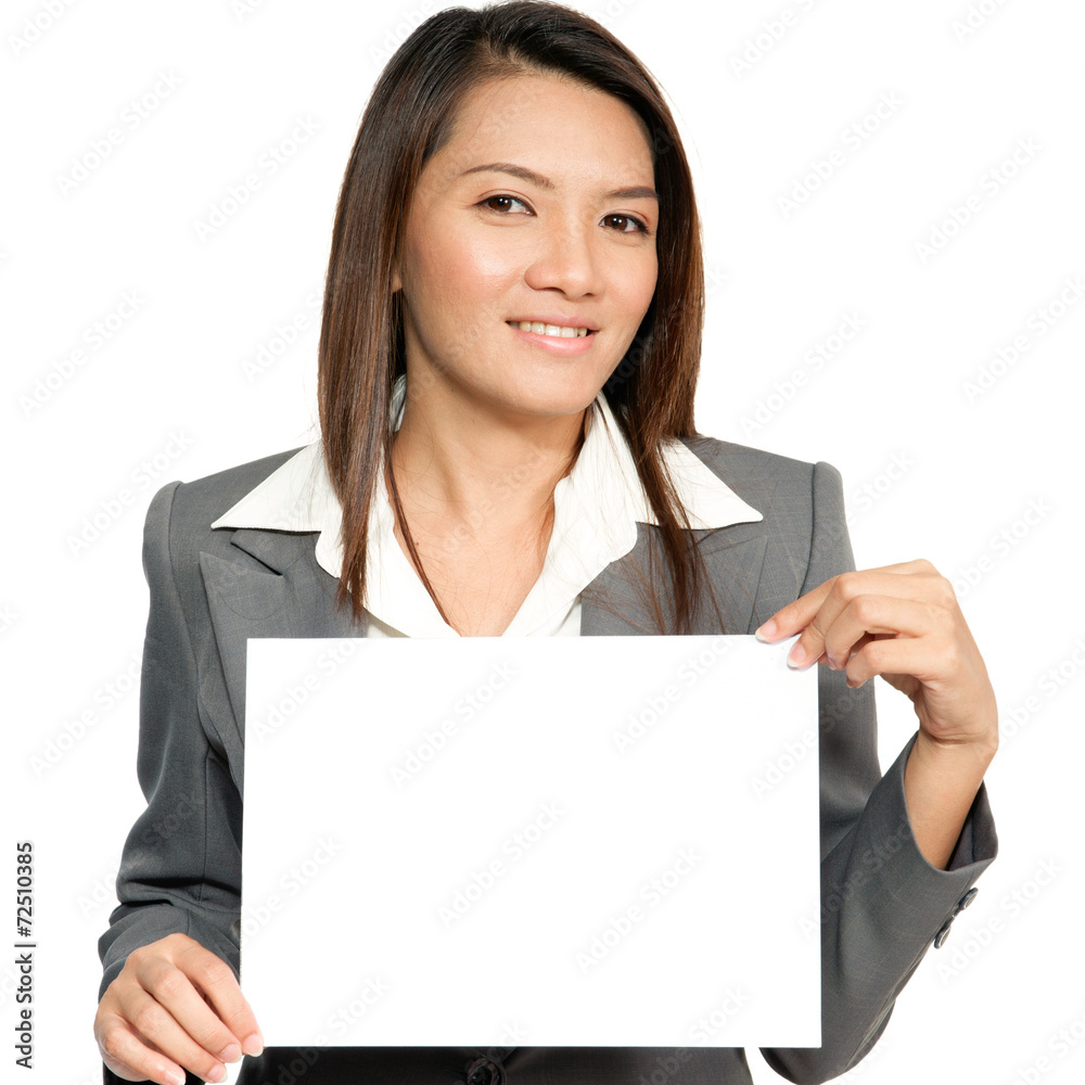 Young Asian business woman attractive brunetee showing blank sig Young Asian business woman attractive brunetee showing blank sig