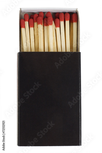 red matches in a black box isolated on a white background. photo